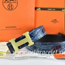 Replica Hermes Reversible Belt Blue/Black Crocodile Stripe Leather With18K Gold H Buckle