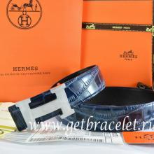 Hermes Reversible Belt Blue/Black Crocodile Stripe Leather With18K Silver H Buckle