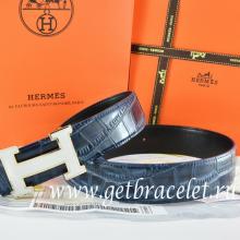 Replica Cheap Hermes Reversible Belt Blue/Black Crocodile Stripe Leather With18K White Silver H Buckle