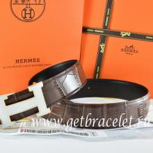 Best Cheap Hermes Reversible Belt Brown/Black Crocodile Stripe Leather With18K White Silver H Buckle