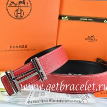 Designer Hermes Reversible Belt Red/Black Togo Calfskin With 18k Silver Double H Buckle
