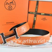 Hermes Reversible Belt Orange/Black Ostrich Stripe Leather With 18K Black Silver Narrow H Buckle