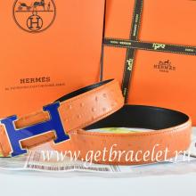 Best Copy Hermes Reversible Belt Orange/Black Ostrich Stripe Leather With 18K Blue Gold Width H Buckle