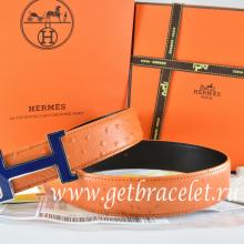 Hermes Reversible Belt Orange/Black Ostrich Stripe Leather With 18K Blue Silver Narrow H Buckle