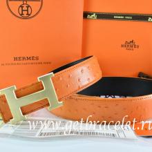 Hermes Reversible Belt Orange/Black Ostrich Stripe Leather With 18K Drawbench Gold H Buckle