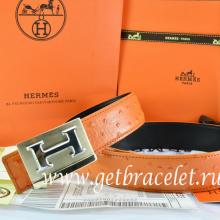 Hermes Reversible Belt Orange/Black Ostrich Stripe Leather With 18K Gold Big H Buckle