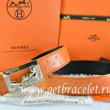Hermes Reversible Belt Orange/Black Ostrich Stripe Leather With 18K Gold Coach Buckle Replica
