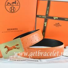 Wholesale Hermes Reversible Belt Orange/Black Ostrich Stripe Leather With 18K Gold Hollow Horse Buckle