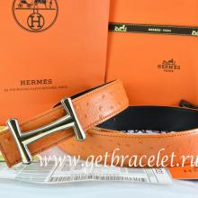Hermes Reversible Belt Orange/Black Ostrich Stripe Leather With 18K Gold Idem Buckle Replica