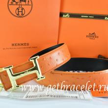 Hermes Reversible Belt Orange/Black Ostrich Stripe Leather With 18K Gold Idem With Logo Buckle
