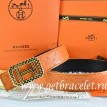 High Quality Hermes Reversible Belt Orange/Black Ostrich Stripe Leather With 18K Gold Lace Strip H Buckle