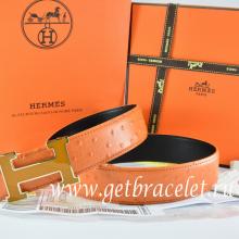 Perfect Hermes Reversible Belt Orange/Black Ostrich Stripe Leather With 18K Orange Gold Width H Buckle