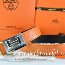 Hermes Reversible Belt Orange/Black Ostrich Stripe Leather With 18K Silver Big H Buckle Replica