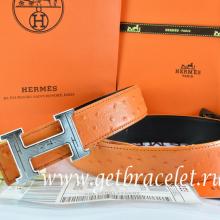 Replica High End Hermes Reversible Belt Orange/Black Ostrich Stripe Leather With 18K Silver Geometric Stripe H Buckle