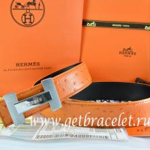 AAA Hermes Reversible Belt Orange/Black Ostrich Stripe Leather With 18K Silver H Logo Buckle