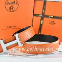 Hermes Reversible Belt Orange/Black Ostrich Stripe Leather With 18K White Silver Narrow H Buckle