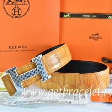 High Quality Hermes Reversible Belt Orange/Black Crocodile Stripe Leather With18K Silver Wave Stripe H Buckle