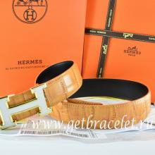 Hermes Reversible Belt Orange/Black Crocodile Stripe Leather With18K White Gold H Buckle
