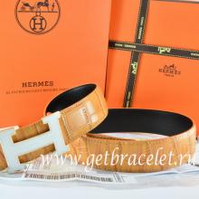 Imitation Cheap Hermes Reversible Belt Orange/Black Crocodile Stripe Leather With18K White Silver H Buckle