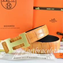 Hermes Reversible Belt Orange/Orange Crocodile Stripe Leather With18K Gold H Buckle