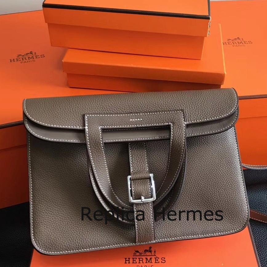 Hermes Halzan Bag In Etoupe Clemence Leather Replica