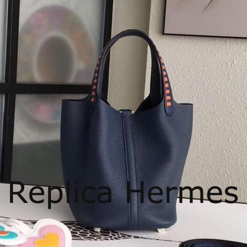 Imitation Hermes Navy Blue Picotin Lock 18cm Bag With Braided Handles