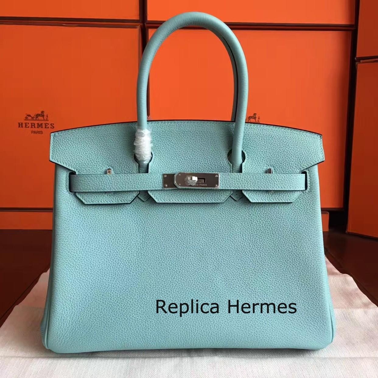 Replica Cheap Hermes Blue Atoll Clemence Birkin 30cm Handmade Bag