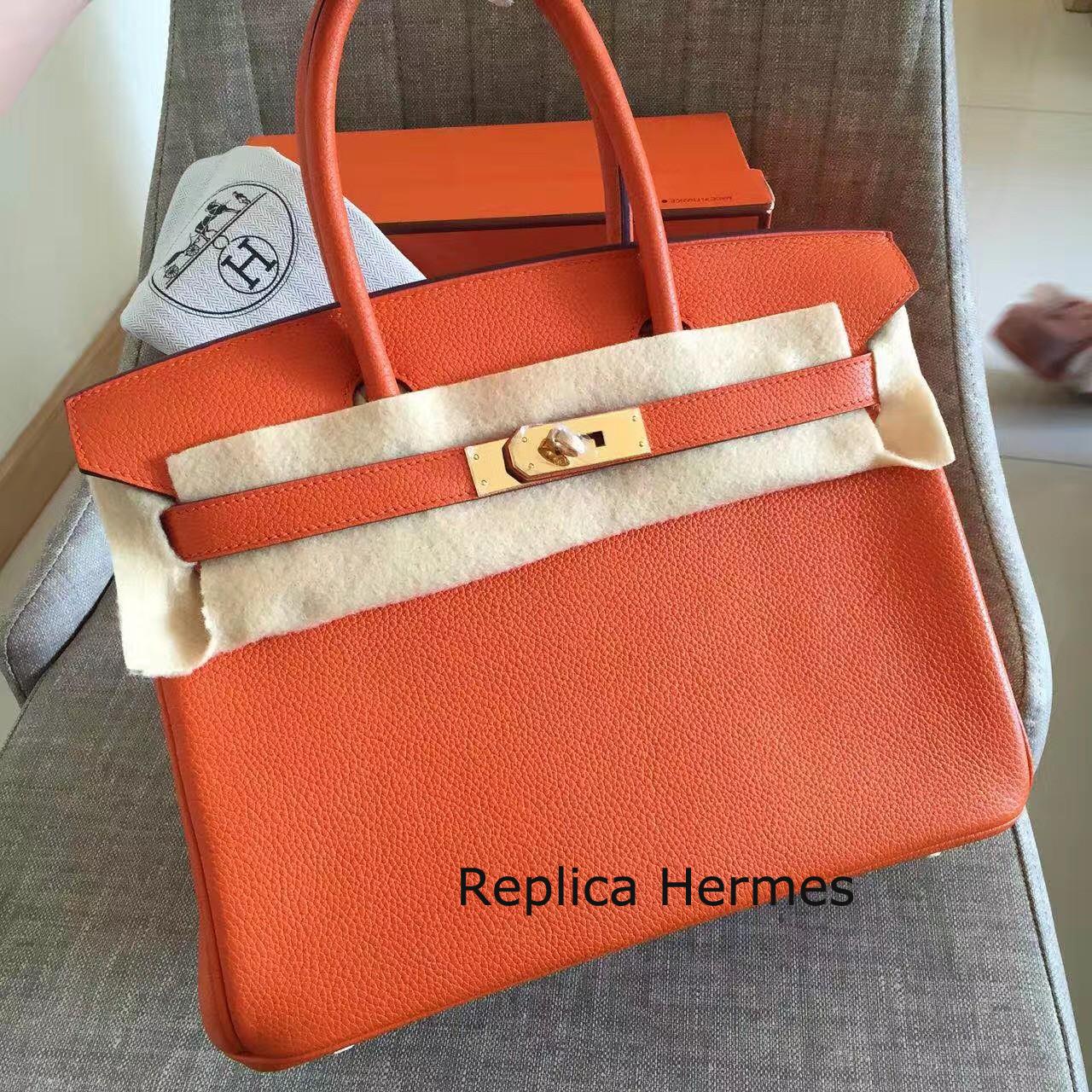 Top Replica Hermes Orange Clemence Birkin 35cm Handmade Bag