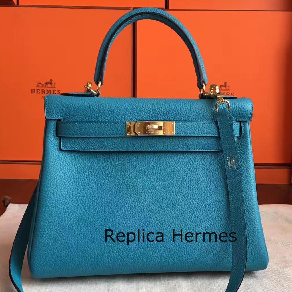 Replica AAA Hermes Turquoise Clemence Kelly Retourne 28cm Handmade Bag