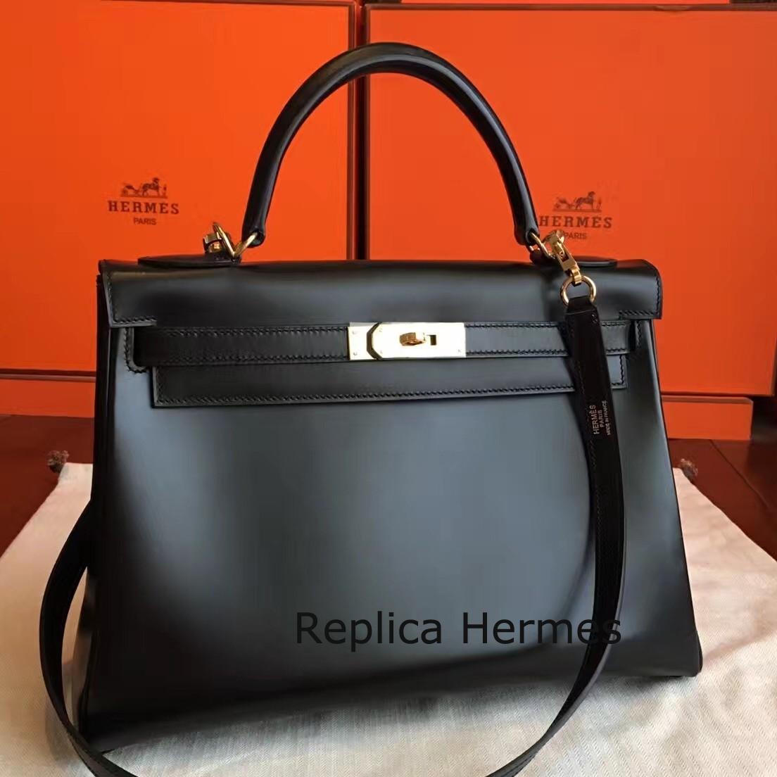 Cheap Faux Hermes Black Box Kelly Retourne 32cm Handmade Bag