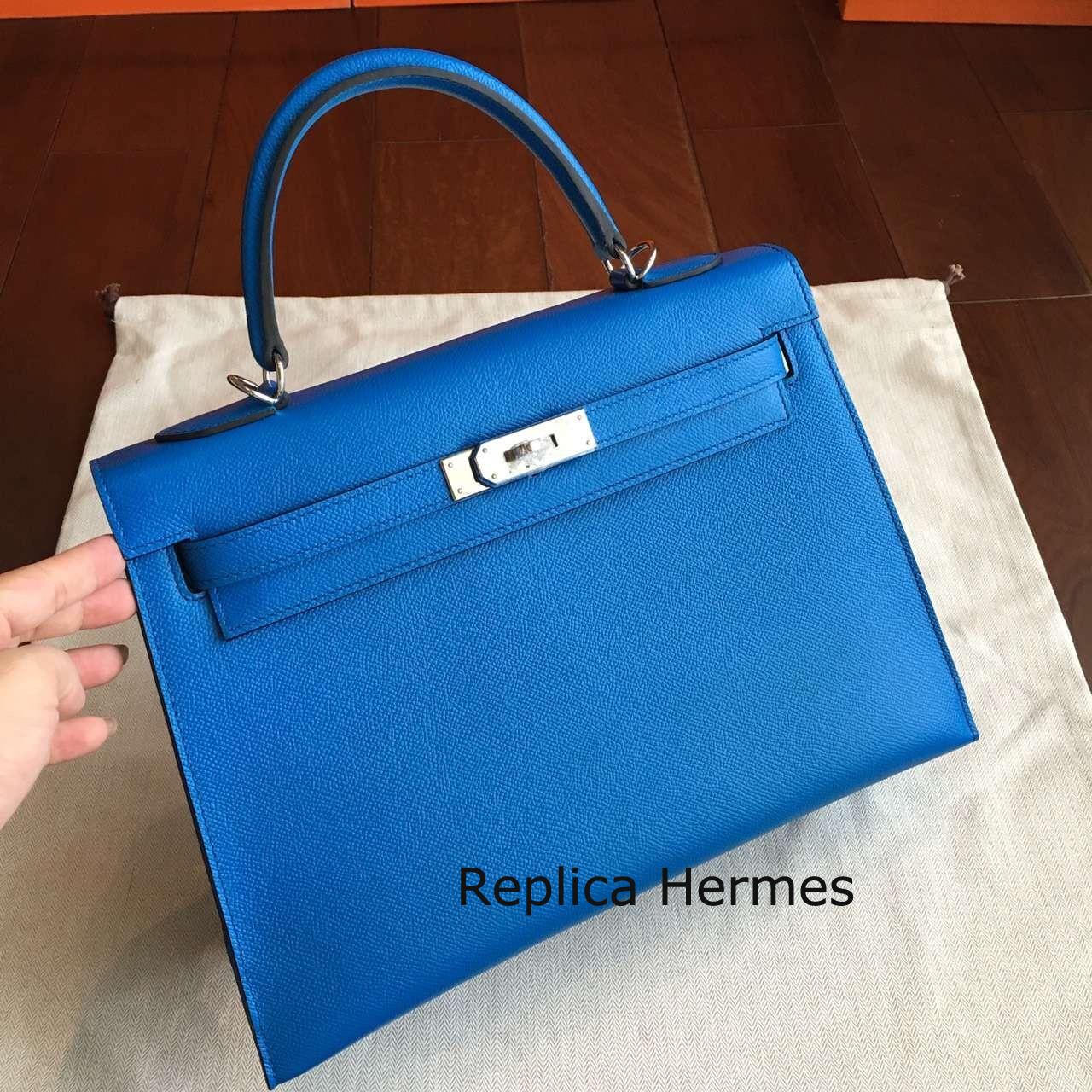 Replica Hermes Blue Epsom Kelly 32cm Sellier Handmade Bag