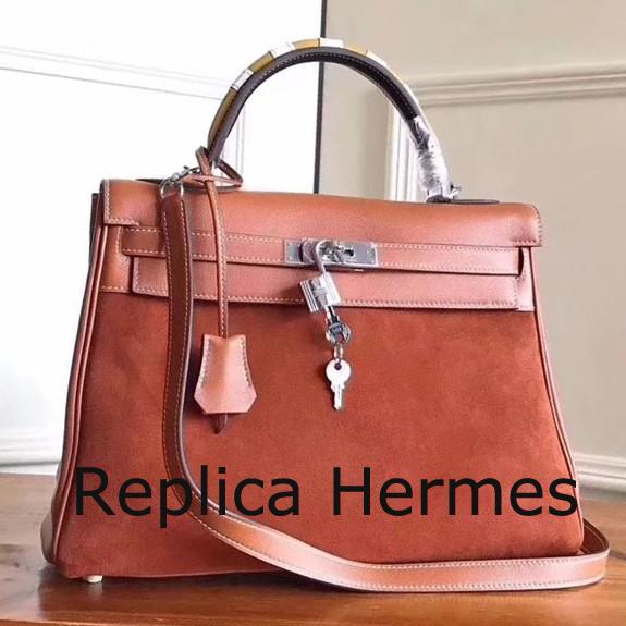 Hermes Brown Suede Kelly 32cm Bag With Zigzag Handle Replica
