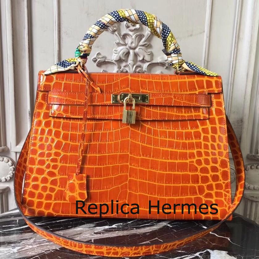 Faux Hermes Kelly 32cm Bag In Orange Crocodile Leather