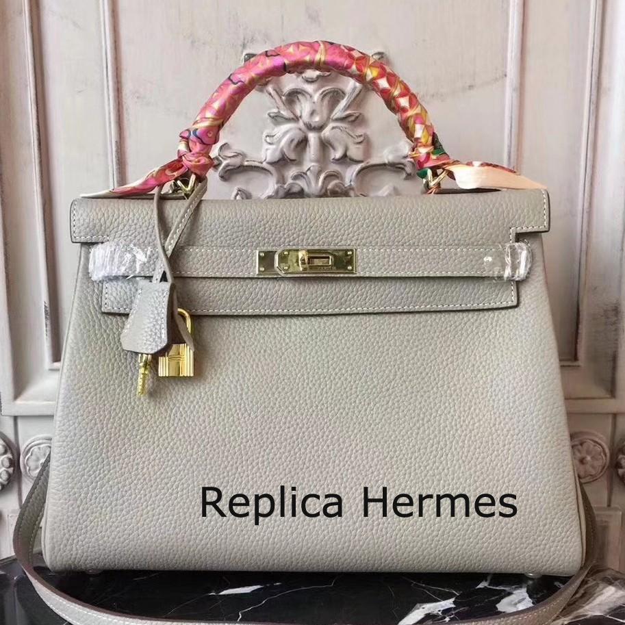 Luxury Hermes Light Grey Clemence Kelly 32cm Retourne Bag