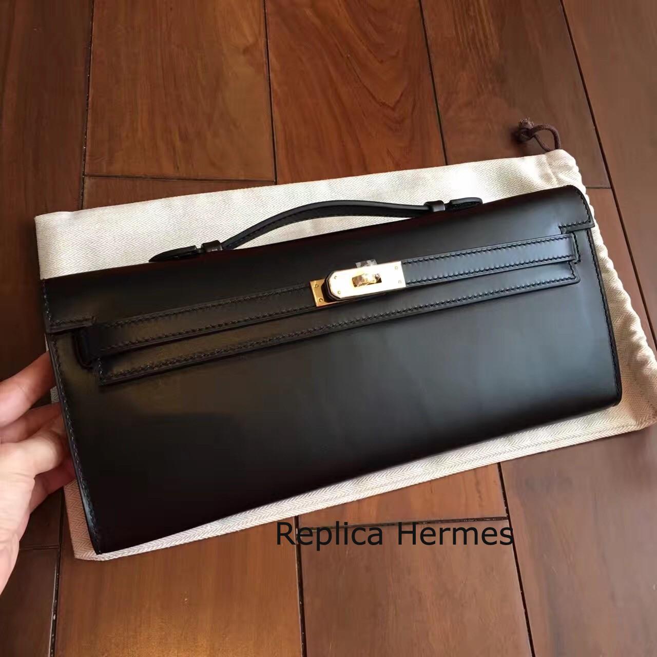 Faux Cheap Hermes Black Box Kelly Cut Clutch Handmade Bag