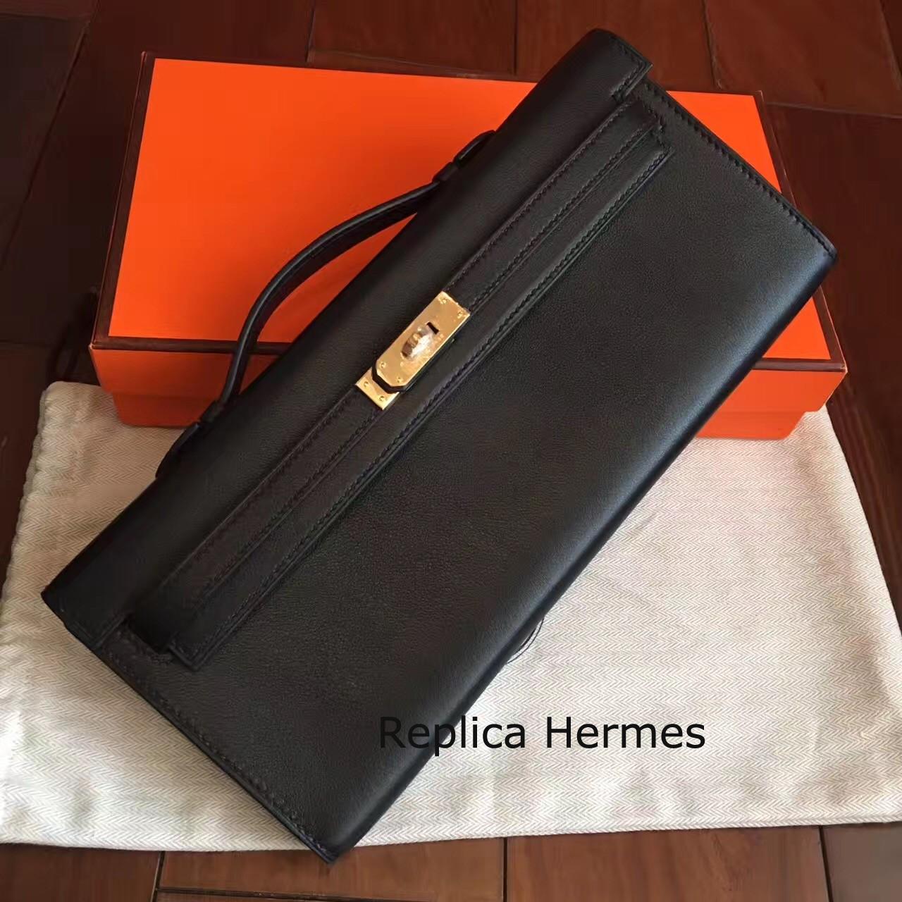 Luxury Fake Hermes Black Swift Kelly Cut Clutch Handmade Bag