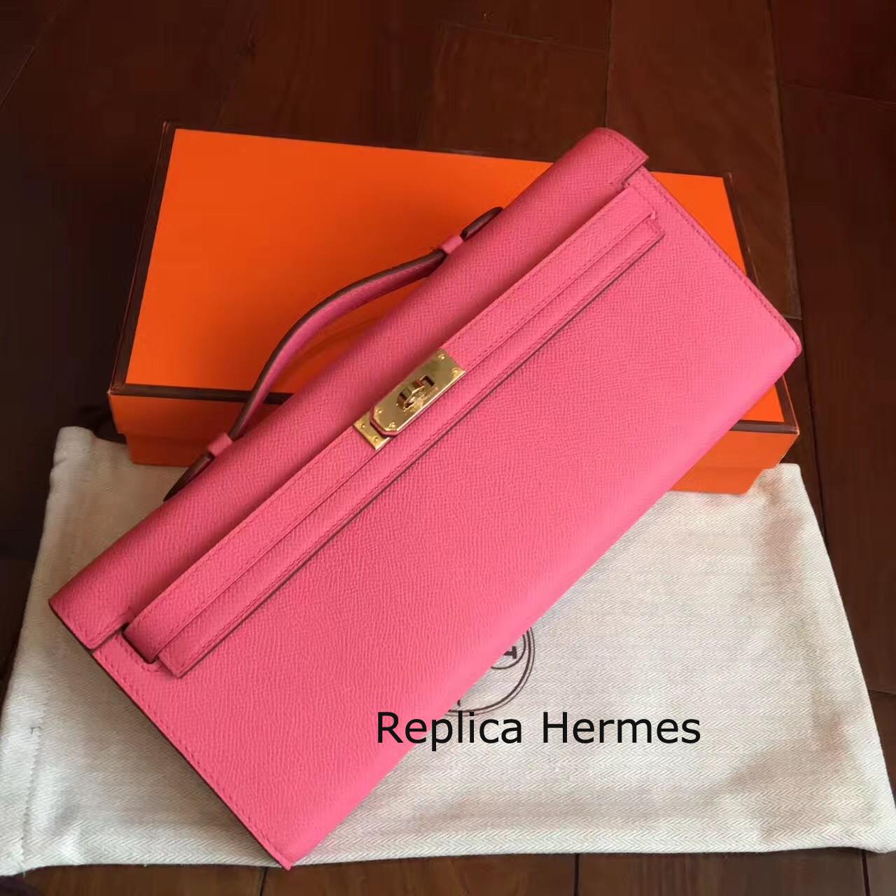 Replica Hermes Rose Lipstick Epsom Kelly Cut Clutch Handmade Bag
