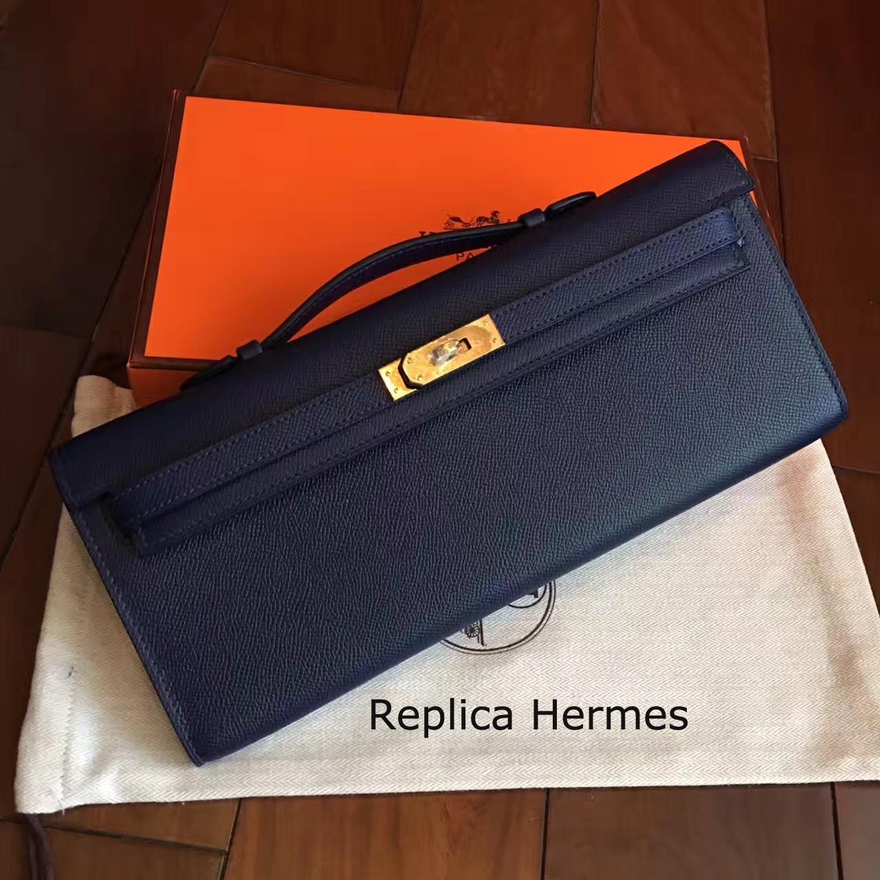 Best Knockoff Hermes Sapphire Epsom Kelly Cut Clutch Handmade Bag
