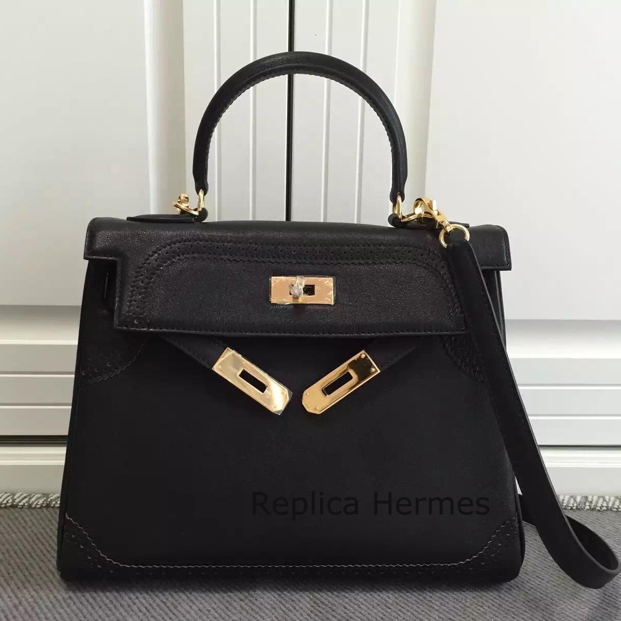 Replica Perfect Hermes Kelly Ghillies 28cm In Black Swift Leather