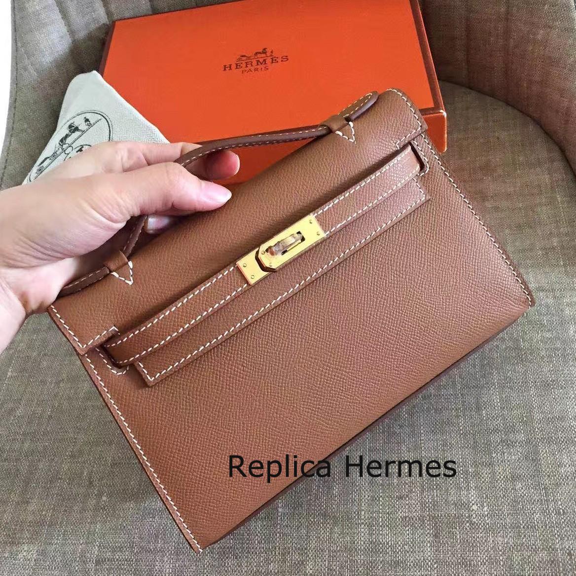 Imitation Hermes Gold Epsom Kelly Pochette Handmade Bag