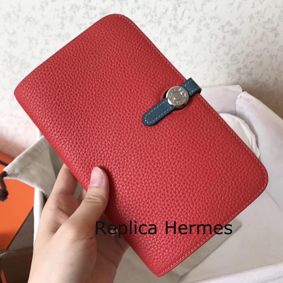 Hermes Bicolor Dogon Duo Wallet In Red/Jean Leather Replica