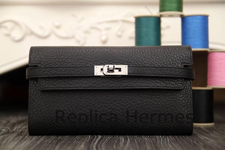 Replica Designer Hermes Kelly Longue Wallet In Black Clemence Leather