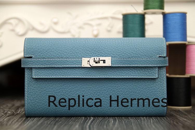 Hermes Kelly Longue Wallet In Jean Blue Clemence Leather