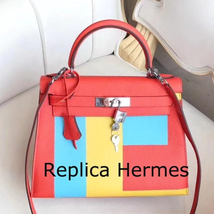 Hermes Multicolor Blocks Kelly 28cm Piment Bag Replica