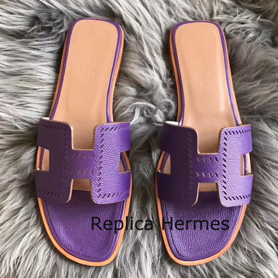 Perfect Fake Hermes Oran Perforated Sandals In Purple Epsom Leather
