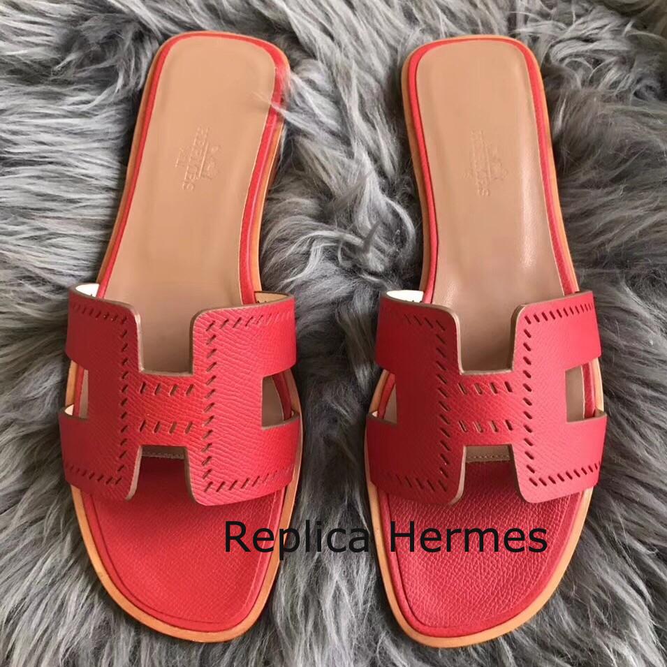 Imitation Perfect Hermes Oran Perforated Sandals In Red Epsom Leather