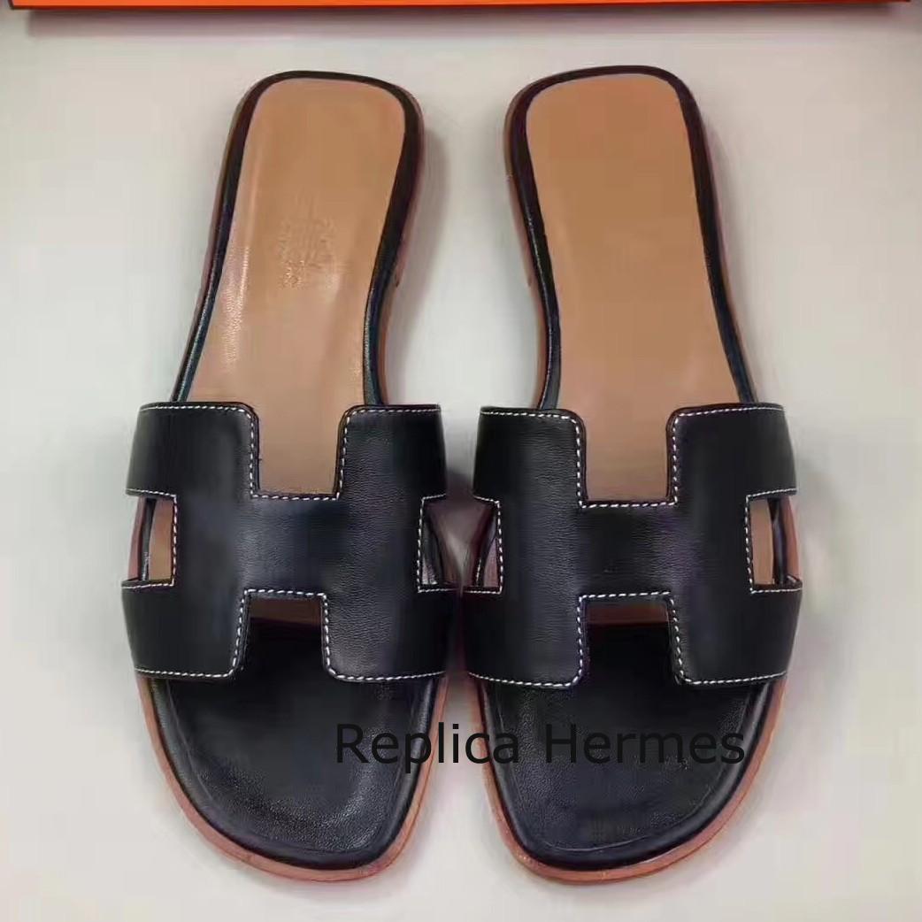 Hermes Oran Sandals In Black Swift Leather