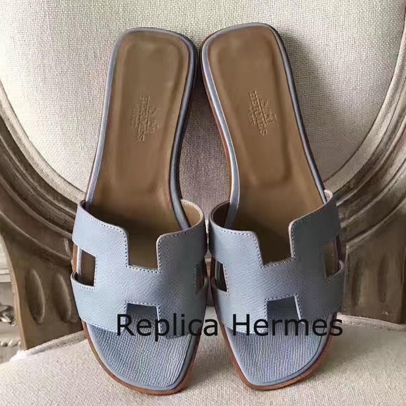 Fake Hermes Oran Sandals In Blue Lin Epsom Leather