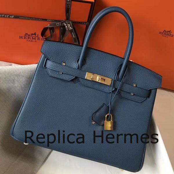 Luxury Replica Hermes Blue Agate Clemence Birkin 30cm Handbag