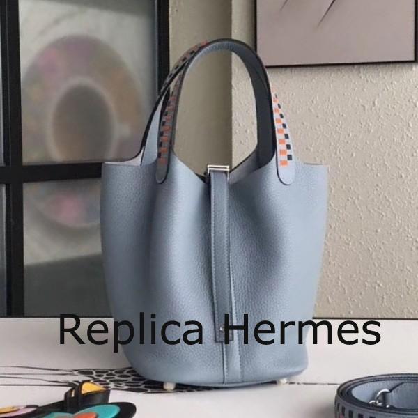Perfect Hermes Blue Lin Picotin Lock 18cm Bag With Braided Handles